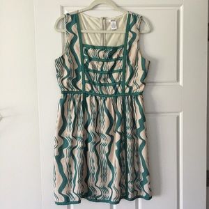 Modcloth Teal Sleeveless Knee Length Dress, Wavy Patterned Dress Square Neckline